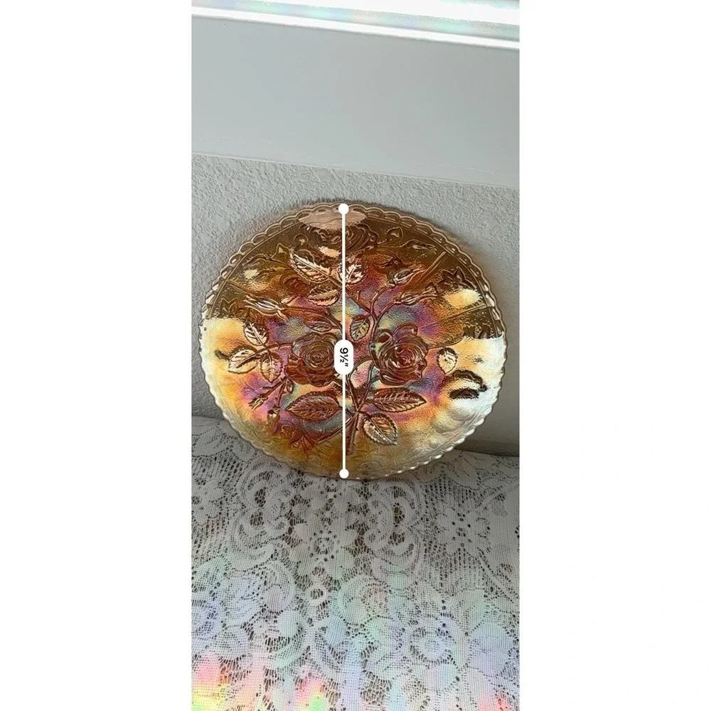 Vintage Carnival Glass Marigold Rose Bowl Iridescent Floral Serving Bowl